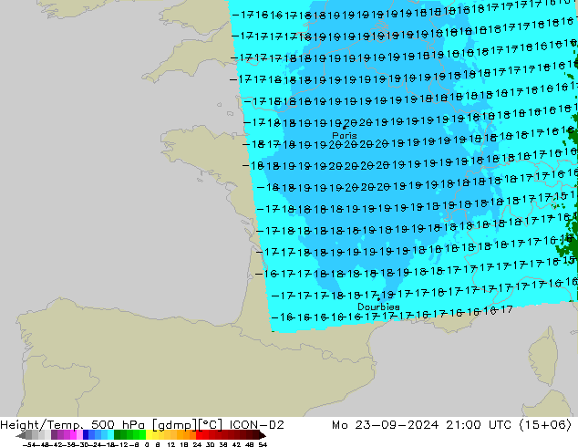 Height/Temp. 500 hPa ICON-D2 Mo 23.09.2024 21 UTC