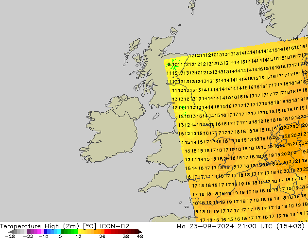 Temperature High (2m) ICON-D2 Mo 23.09.2024 21 UTC