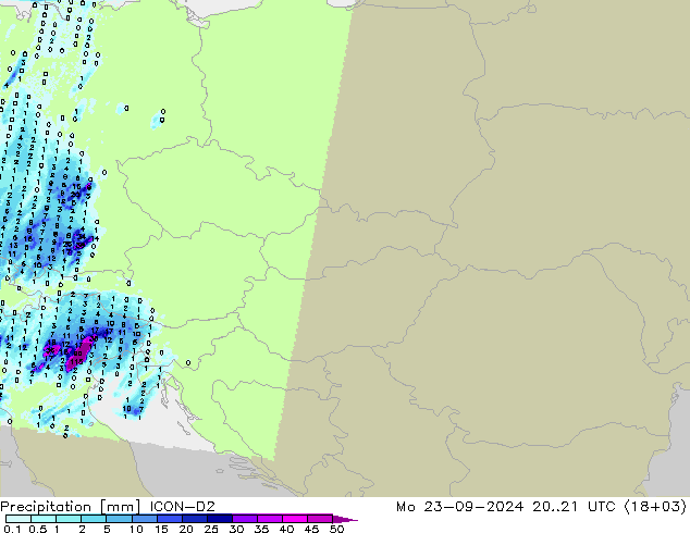 Neerslag ICON-D2 ma 23.09.2024 21 UTC