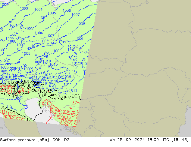 Atmosférický tlak ICON-D2 St 25.09.2024 18 UTC