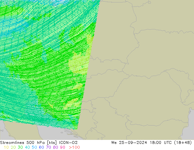 Ligne de courant 500 hPa ICON-D2 mer 25.09.2024 18 UTC