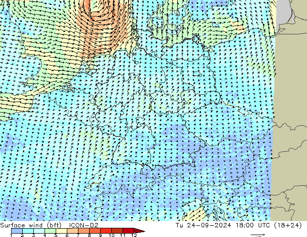 Surface wind (bft) ICON-D2 Tu 24.09.2024 18 UTC