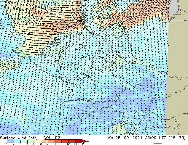 Surface wind (bft) ICON-D2 St 25.09.2024 03 UTC