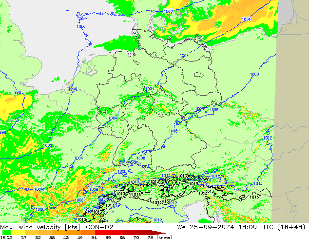 Max. wind velocity ICON-D2 mer 25.09.2024 18 UTC