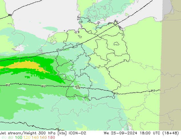 Jet stream/Height 300 hPa ICON-D2 We 25.09.2024 18 UTC