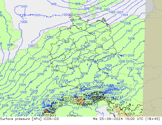 Surface pressure ICON-D2 We 25.09.2024 15 UTC