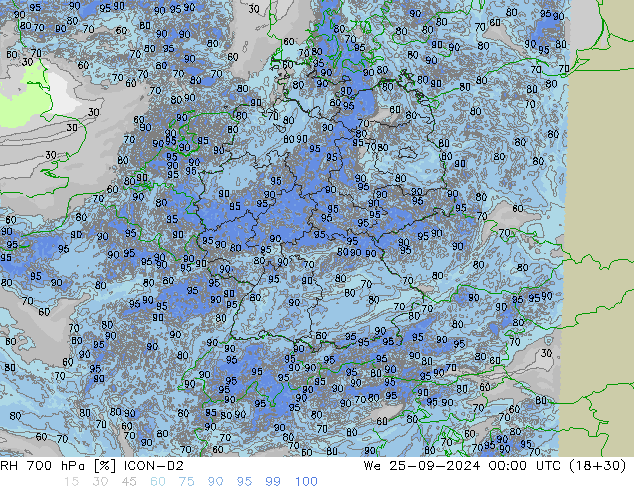 RH 700 гПа ICON-D2 ср 25.09.2024 00 UTC