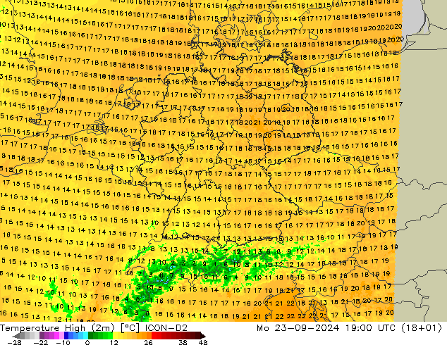 Temperature High (2m) ICON-D2 Mo 23.09.2024 19 UTC