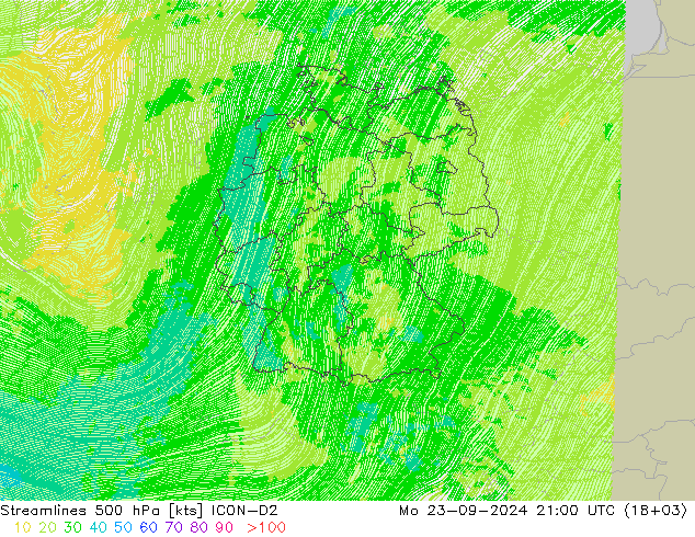 Linea di flusso 500 hPa ICON-D2 lun 23.09.2024 21 UTC