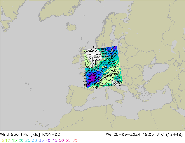 Vento 850 hPa ICON-D2 mer 25.09.2024 18 UTC