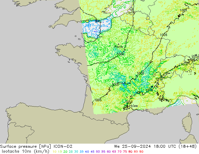 Isotachs (kph) ICON-D2 mer 25.09.2024 18 UTC