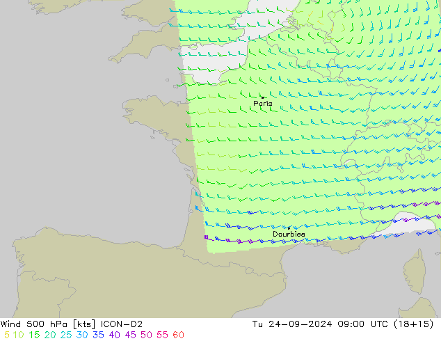 Vento 500 hPa ICON-D2 Ter 24.09.2024 09 UTC