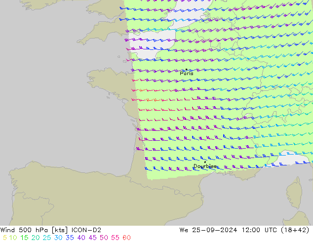 wiatr 500 hPa ICON-D2 śro. 25.09.2024 12 UTC