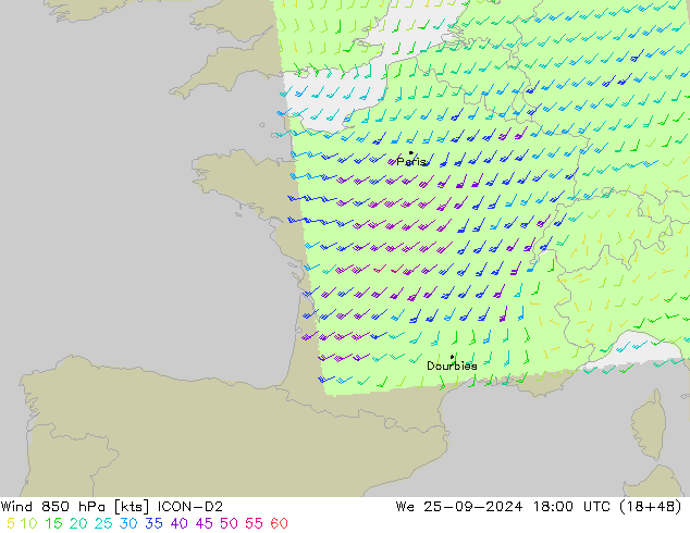 Wind 850 hPa ICON-D2 We 25.09.2024 18 UTC