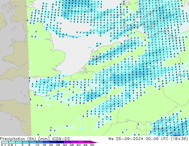 Precipitation (6h) ICON-D2 We 25.09.2024 06 UTC