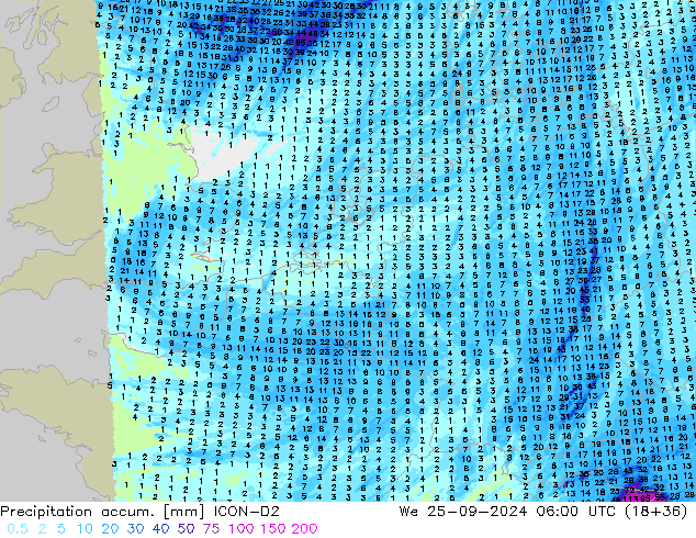 Precipitación acum. ICON-D2 mié 25.09.2024 06 UTC