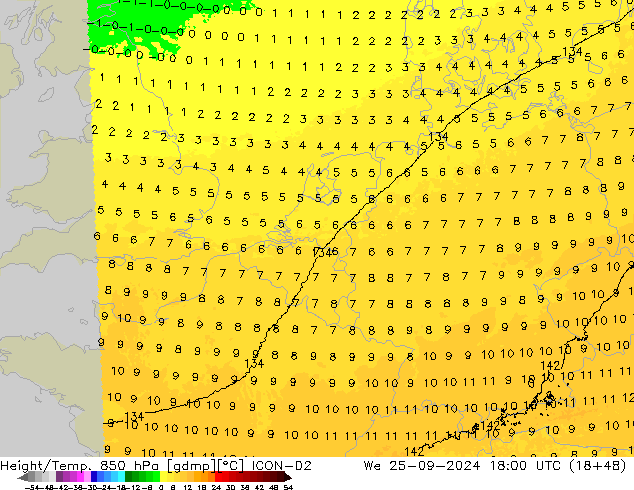 Height/Temp. 850 hPa ICON-D2 Qua 25.09.2024 18 UTC