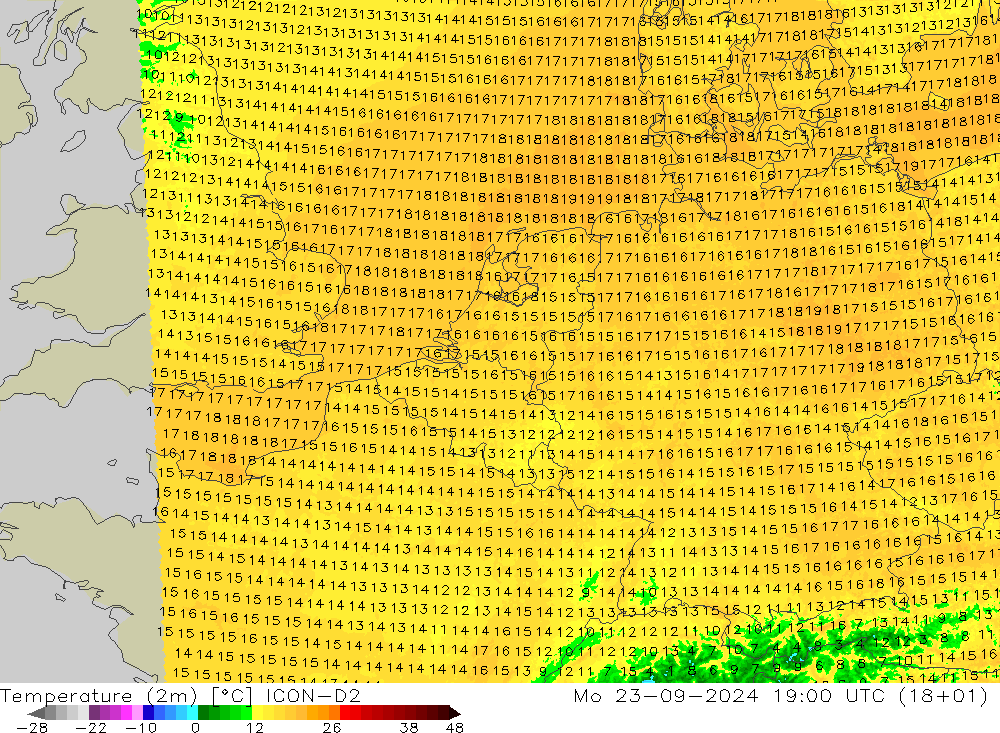Temperatuurkaart (2m) ICON-D2 ma 23.09.2024 19 UTC