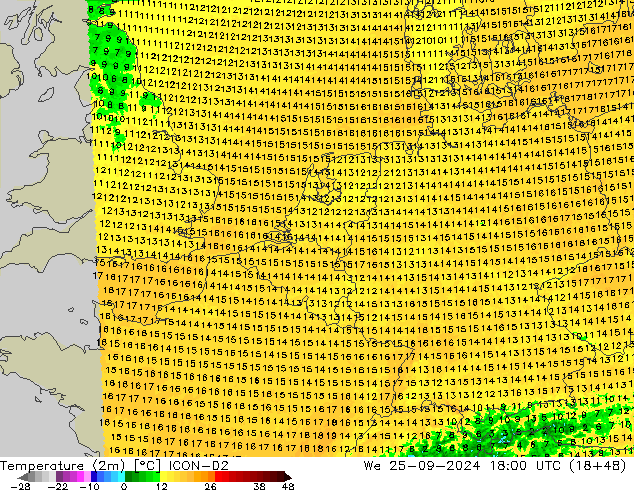 Temperaturkarte (2m) ICON-D2 Mi 25.09.2024 18 UTC