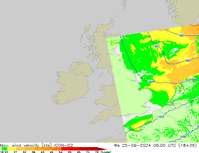 Max. wind velocity ICON-D2 Qua 25.09.2024 06 UTC