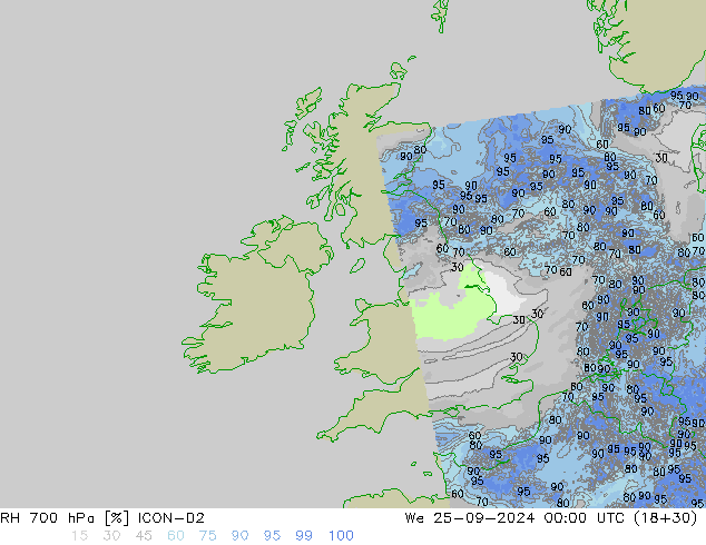 RH 700 hPa ICON-D2 We 25.09.2024 00 UTC