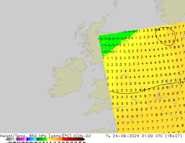 Height/Temp. 850 hPa ICON-D2 Tu 24.09.2024 21 UTC