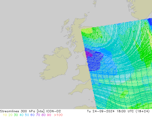 Streamlines 300 hPa ICON-D2 Út 24.09.2024 18 UTC