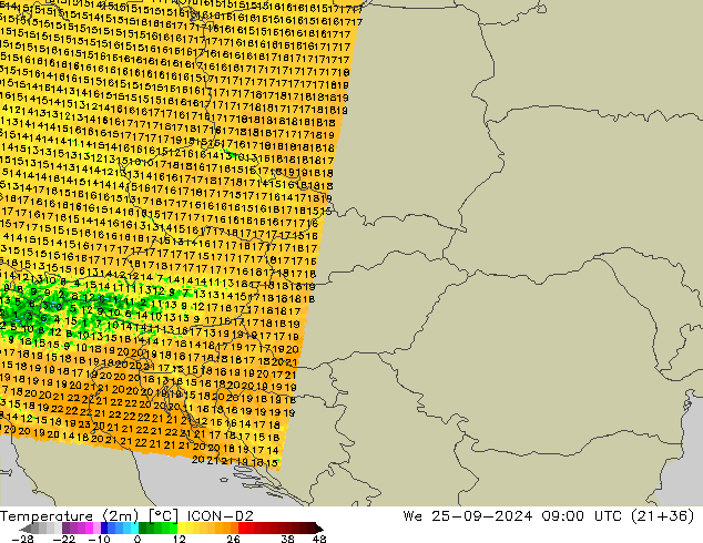 Temperaturkarte (2m) ICON-D2 Mi 25.09.2024 09 UTC