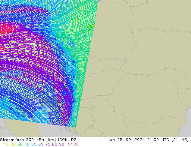 Streamlines 300 hPa ICON-D2 We 25.09.2024 21 UTC