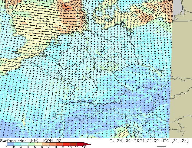 Surface wind (bft) ICON-D2 Út 24.09.2024 21 UTC