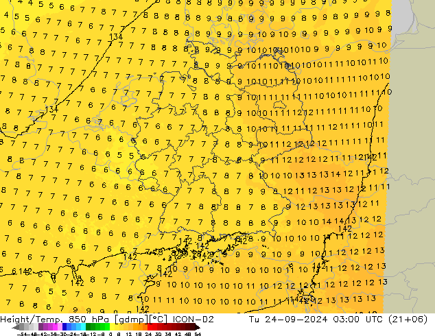 Height/Temp. 850 hPa ICON-D2 wto. 24.09.2024 03 UTC