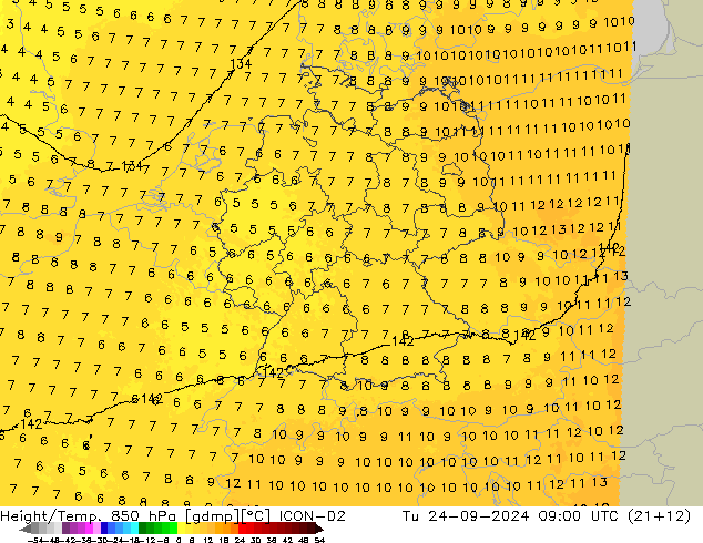 Height/Temp. 850 hPa ICON-D2 Ter 24.09.2024 09 UTC