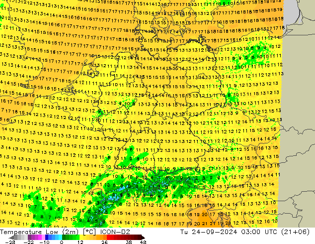 Temperatura mín. (2m) ICON-D2 mar 24.09.2024 03 UTC