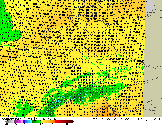 Temperatuurkaart (2m) ICON-D2 wo 25.09.2024 03 UTC