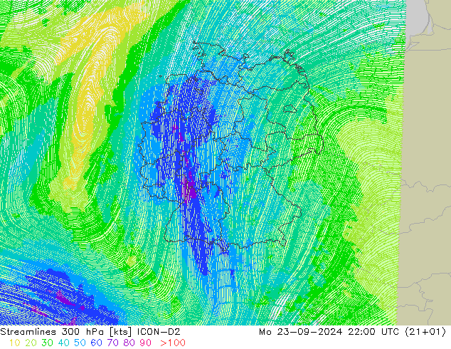 Stroomlijn 300 hPa ICON-D2 ma 23.09.2024 22 UTC