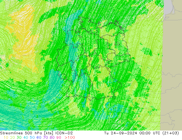 Stroomlijn 500 hPa ICON-D2 di 24.09.2024 00 UTC