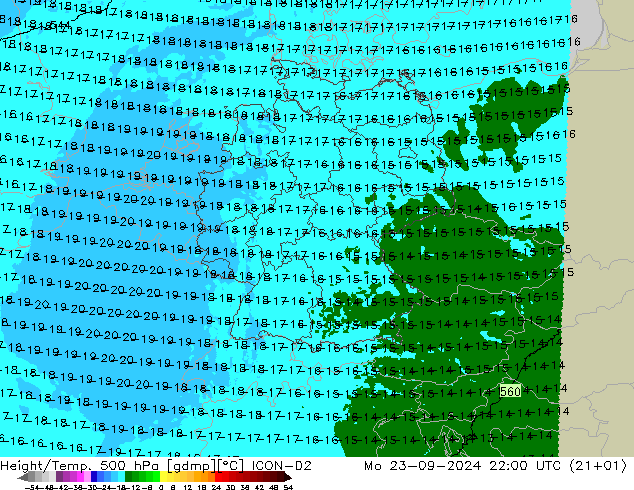 Height/Temp. 500 hPa ICON-D2 pon. 23.09.2024 22 UTC