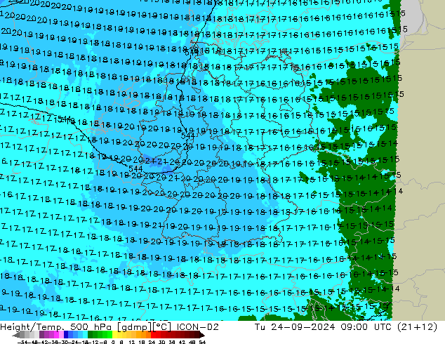 Height/Temp. 500 hPa ICON-D2 Út 24.09.2024 09 UTC