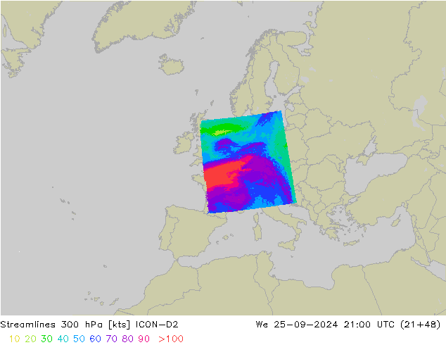 Linia prądu 300 hPa ICON-D2 śro. 25.09.2024 21 UTC