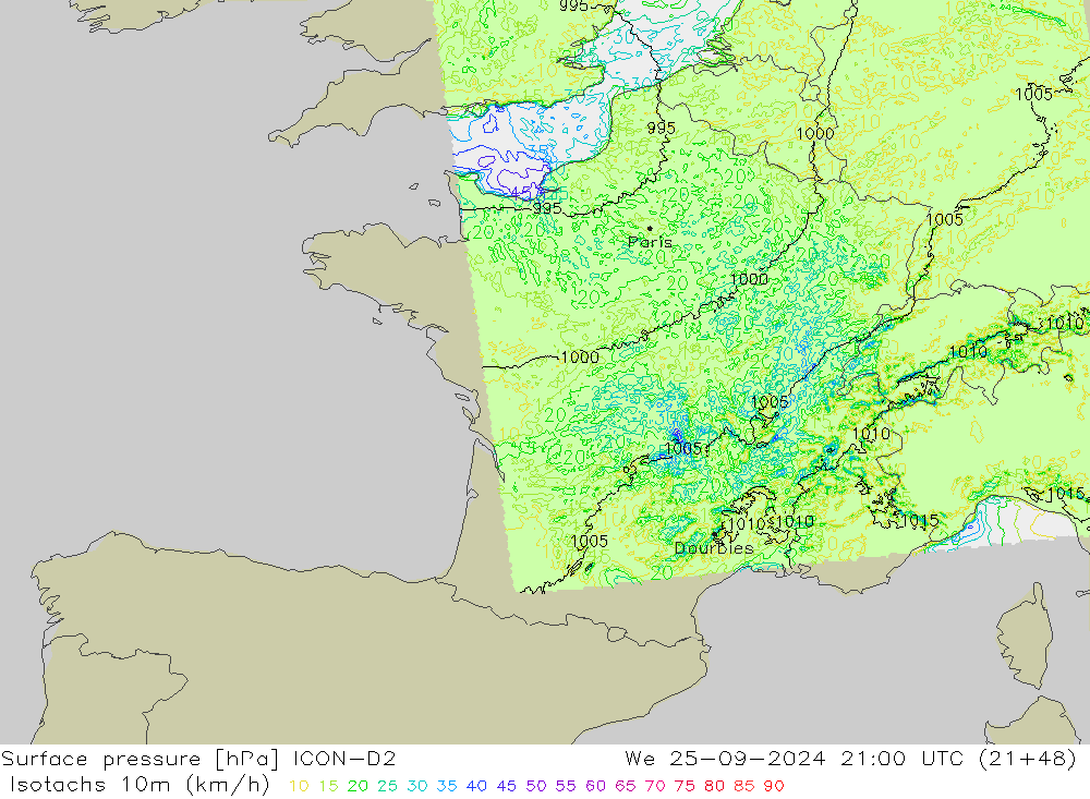 Isotachs (kph) ICON-D2  25.09.2024 21 UTC