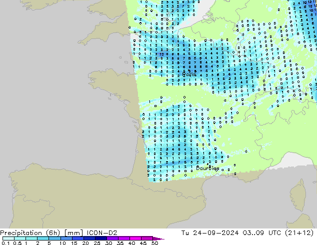 осадки (6h) ICON-D2 вт 24.09.2024 09 UTC