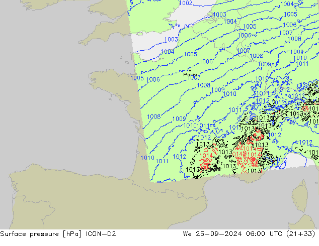 Surface pressure ICON-D2 We 25.09.2024 06 UTC