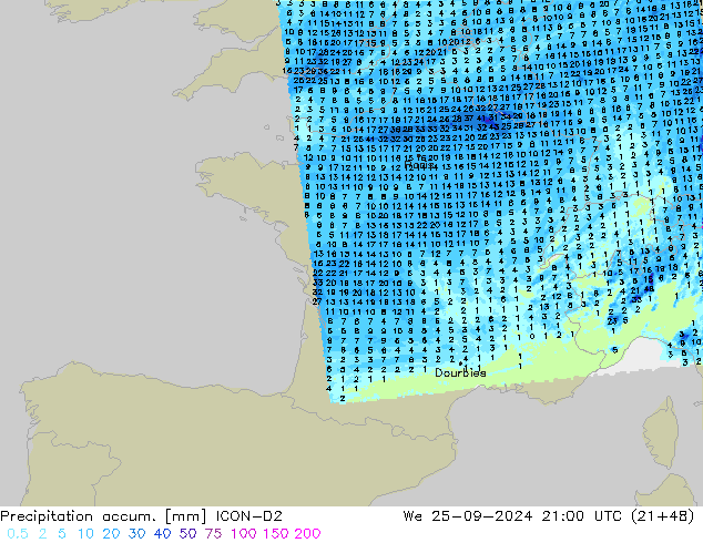 Precipitation accum. ICON-D2 We 25.09.2024 21 UTC