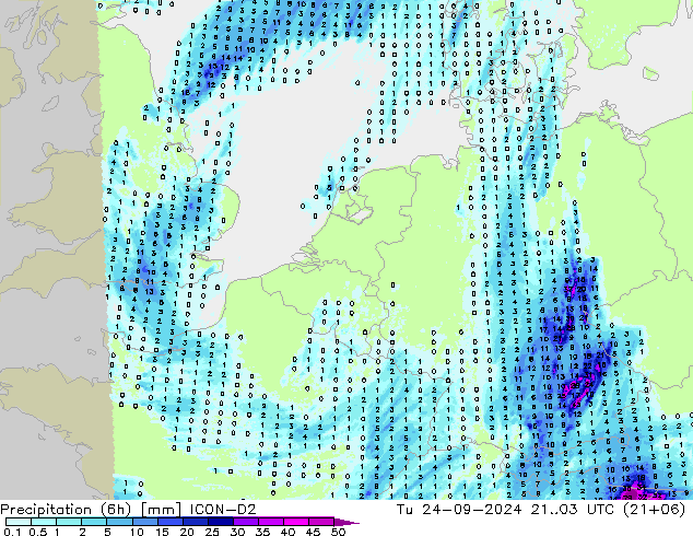 Precipitation (6h) ICON-D2 Tu 24.09.2024 03 UTC