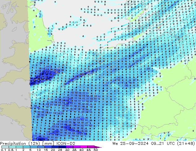 Precipitation (12h) ICON-D2 We 25.09.2024 21 UTC