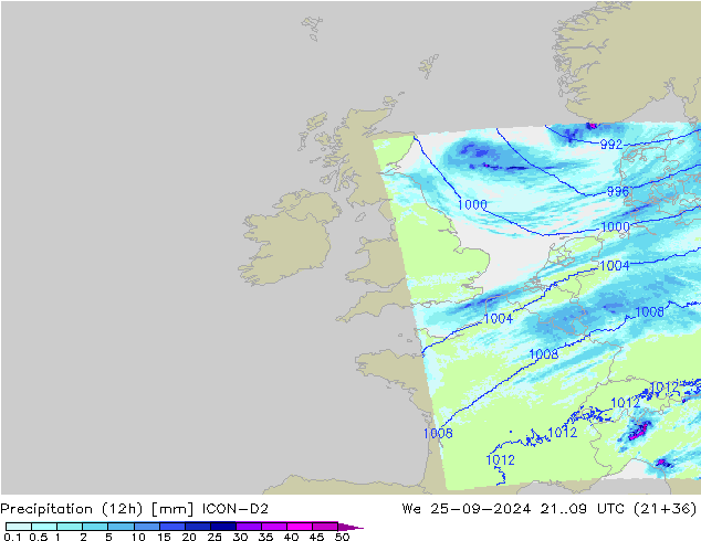 Precipitation (12h) ICON-D2 We 25.09.2024 09 UTC