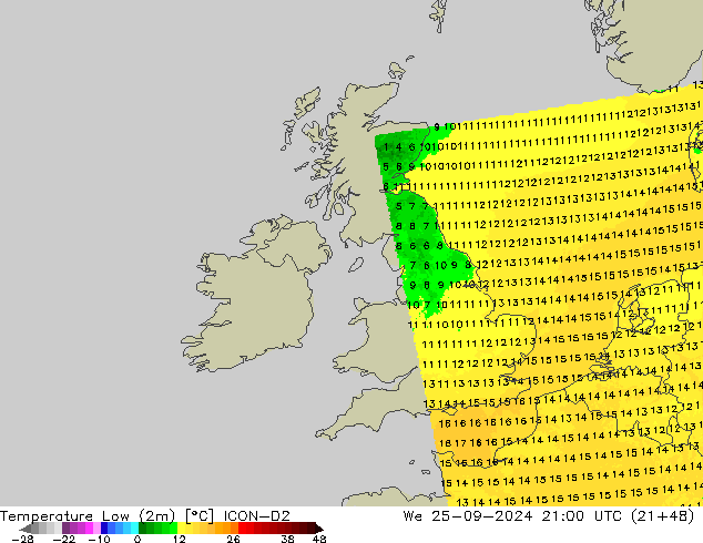 Temperature Low (2m) ICON-D2 We 25.09.2024 21 UTC