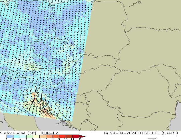 Viento 10 m (bft) ICON-D2 mar 24.09.2024 01 UTC