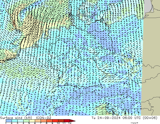 Surface wind (bft) ICON-D2 Út 24.09.2024 06 UTC