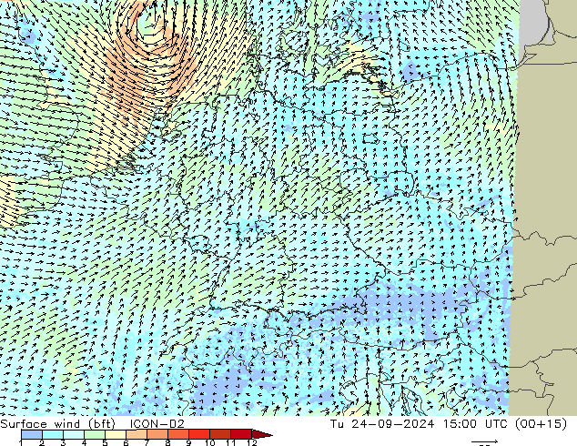 Rüzgar 10 m (bft) ICON-D2 Sa 24.09.2024 15 UTC